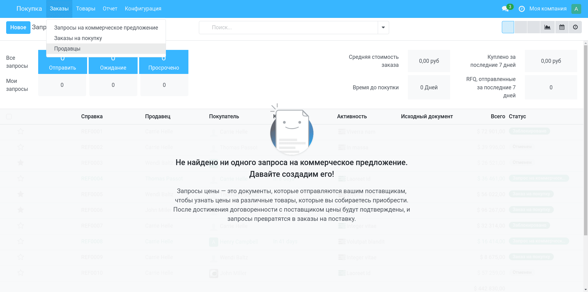 Интерфейс модуля Закупка — Снег и ком